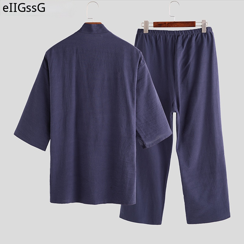 Japanese Mens Kimono Pajamas Suits Male Robe Gown 2Pcs/Set Lounge Bathrobe Sleepwear Loose Man Cotton Comfortable Pajamas