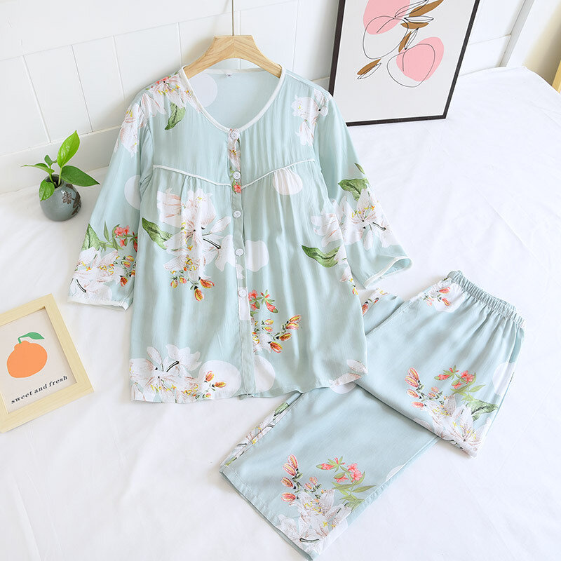 Пижама женская хлопковая с коротким рукавом, шелковая тонкая одежда для сна с цветочным принтом, домашняя одежда с Y-образным вырезом и нагр...