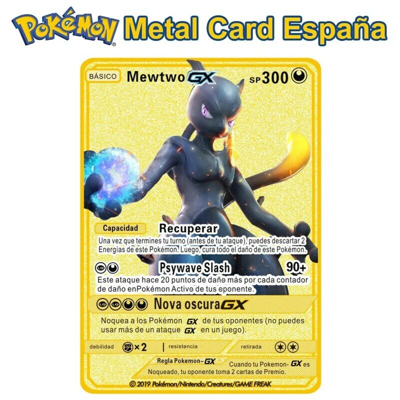 Cartes Pokemon espagnoles en métal doré, cartes en fer dur Mewtwo Pikachu Gx Charizard Vmax, Collection de jeu