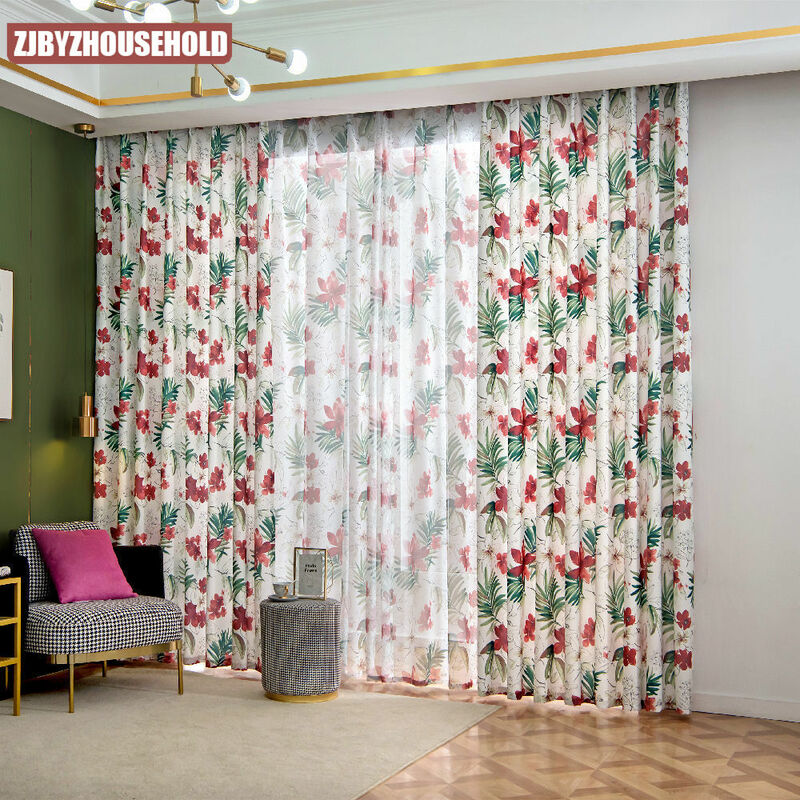 Americano floral cortinas para sala de estar quarto elegante janela cortina tule sheer cortinas com folhas personalizado casa