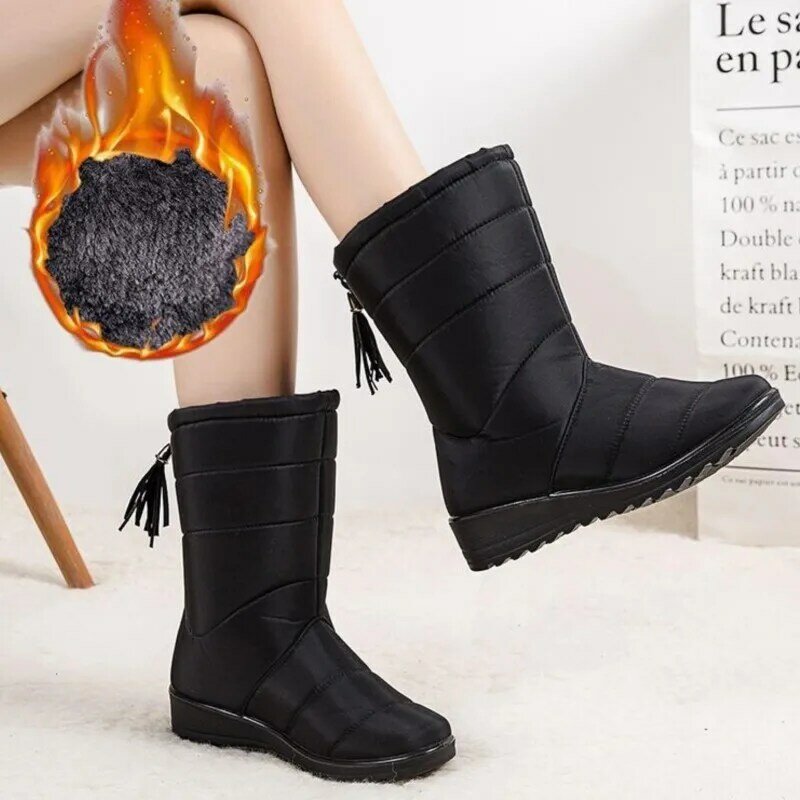 Botas de piel de nieve para Mujer, zapatos de plataforma impermeables con cremallera, de felpa, talla grande, Invierno
