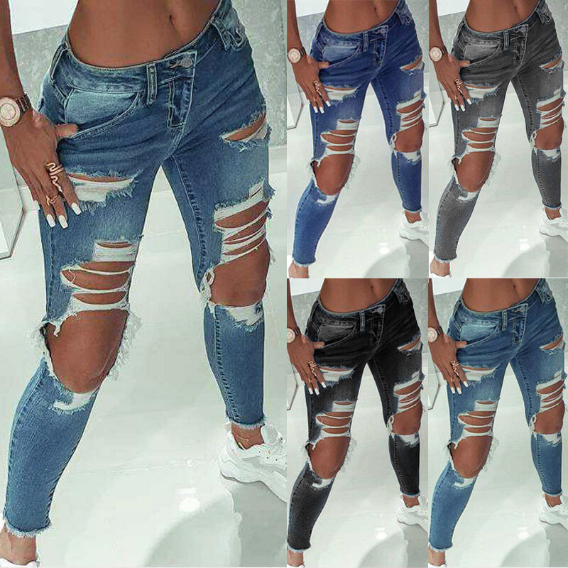 2022 New Slim Fit Ripped Pencil Pants High Waist Vintage Streetwear Casual Fashion Blue Stretch Jeans Woman