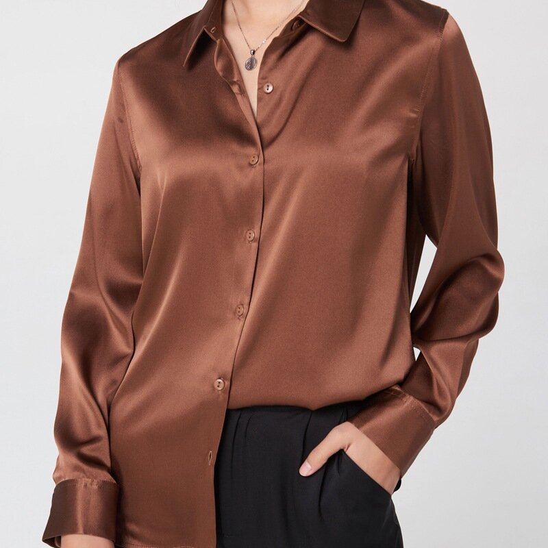 Camisas de manga larga de seda auténtica para mujer, blusas chinas de seda pura Natural 100% Charmeuse, blusa elegante brillante de alta calidad, 19mm
