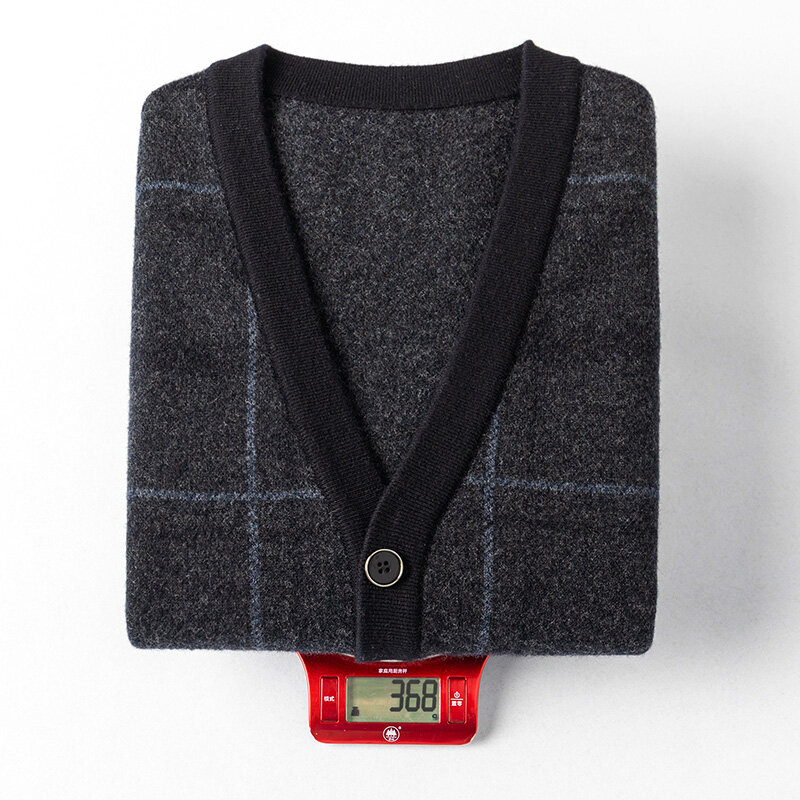 100% lã pura casaco de lã masculina outono e inverno novo engrossado xadrez jacquard colete de malha masculina