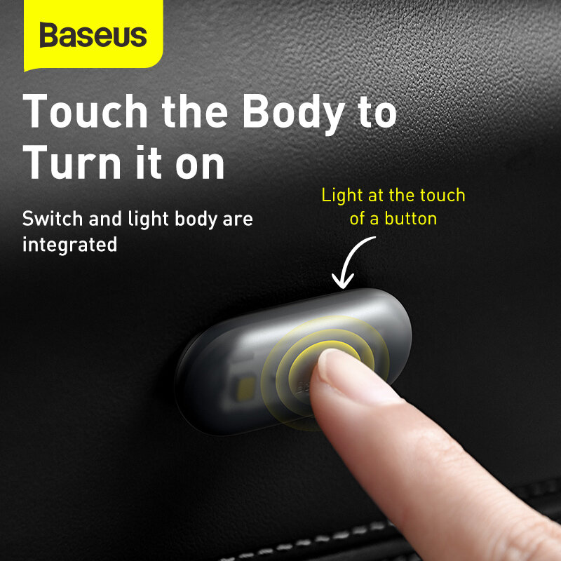 Baseus 2PCS รถยนต์ไฟเก๋ง Mini Touch ไฟกลางคืน LED โคมไฟไร้สายรถชุดไฟตัดหมอกสำหรับประตูเท้าเก็บกล่อง