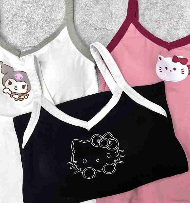 Sanrio-camisetas sin mangas de Hello Kitty para mujer, Tops de estilo coreano Kawaii, Chaleco Ajustado a la moda, ropa Bratz, Tops cortos de sujetador de verano, Y2k