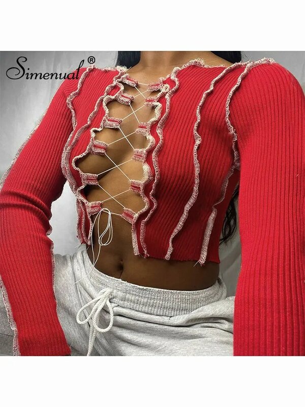 Simenual Patchwork Lace Up Lange Mouwen Crop Tops Vrouwen Geribbelde Sexy Party Knitwear T-shirt Hollow Out Bodycon Club Tie Voor top