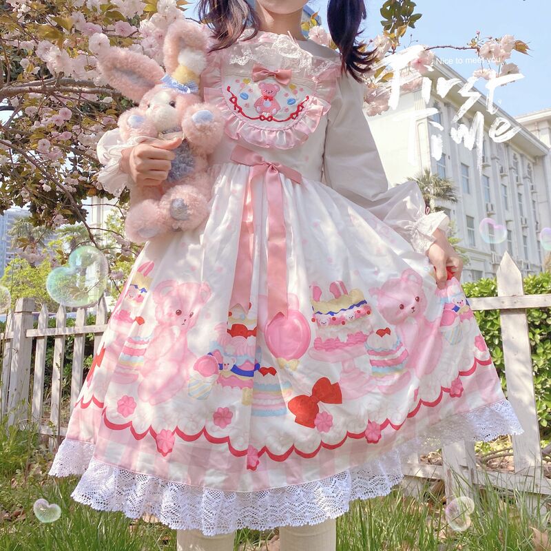 Wiktoriański Vintage kobiety sukienka Lolita pasek Jsk lato Bowknot księżniczka Party śliczne drukuj dziewczyny japoński słodki Kawaii sukienka Lolita