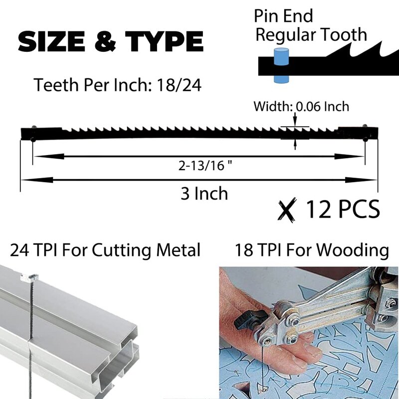 Scroll Zaagbladen Voor Metaal Snijden Hout, 3 Inch 12Pc Pin End 18/24 Tpi Voor Sears Craftsman, oudere Dremel Moto