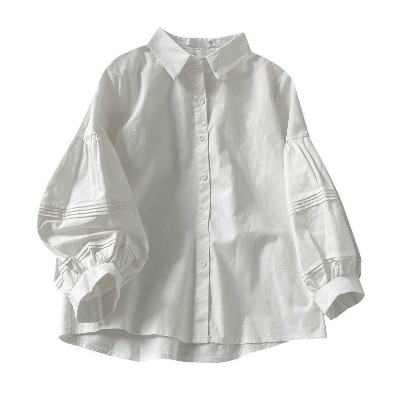 2023 Spring Summer Casual Fashion Buttons Chiffon Shirt Ladies Long Puff Sleeve All-match Tops Women Solid Sweet Blouse E175