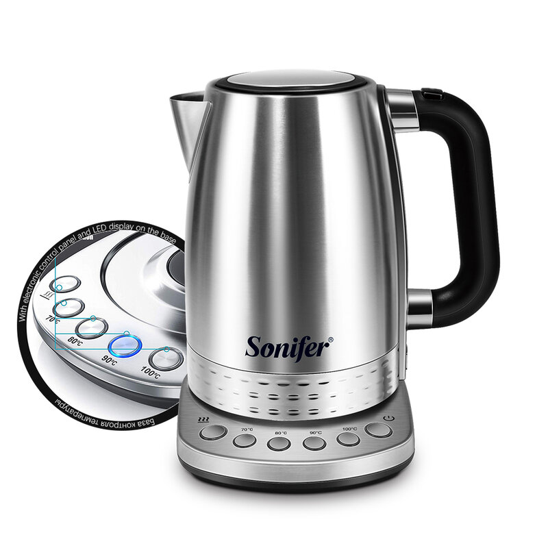 1.7L ไฟฟ้ากาต้มน้ำชากาแฟ Thermo หม้อเครื่องใช้ไฟฟ้าห้องครัวกาต้มน้ำอุณหภูมิควบคุมฟังก์ชั่นอุ่น Sonifer