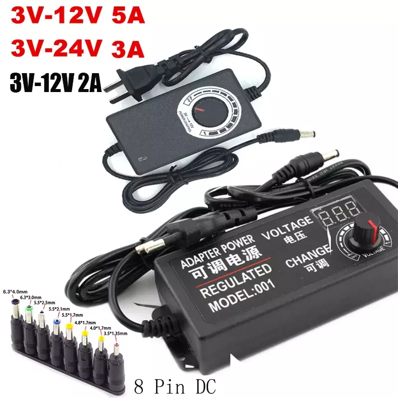 Fuente de alimentación ajustable de CA a CC, 3V, 5V, 6V, 9V, 12V, 15V, 18V, 24V, 3A, 5A, fuente de alimentación Universal de 8 pines, adaptador DC 48W, 60W, 72W