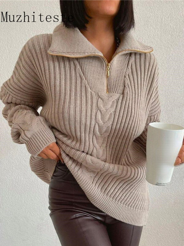 Damski sweter Lapel luźny dorywczo jesienno-zimowy dzianinowy sweter z zamkiem błyskawicznym Sweate Rsolid kolor z długim rękawem moda z najwyższej półki topy damskie