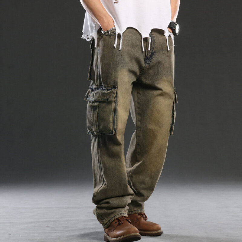 Calça jeans masculina resistente multi bolsos estilo japonês solto ajuste plus size carga denim calças para hipster nz108