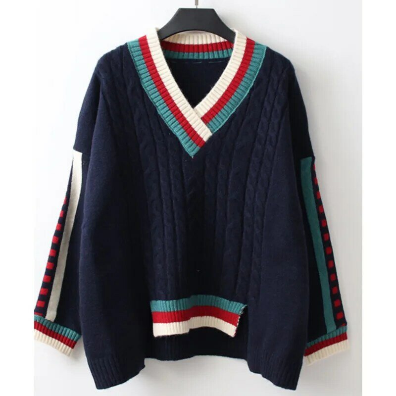 Vintage Women's Pullover Sweater Spring Autumn 2023 New Contrast Color V-neck Loose Long-sleeved Irregular Knitted Sweater Top