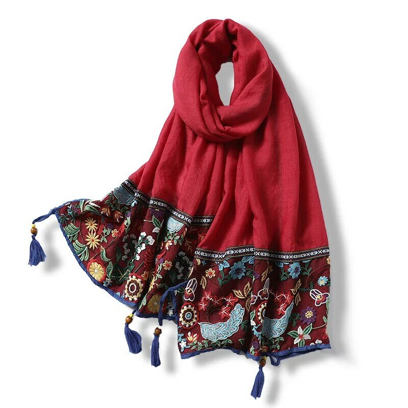 Women Cotton Scarf Hijab Floral Embroidery Foulard Pashmina Shawls Wraps Soft Tassel Muslim Head Scarves 2021 Fashion