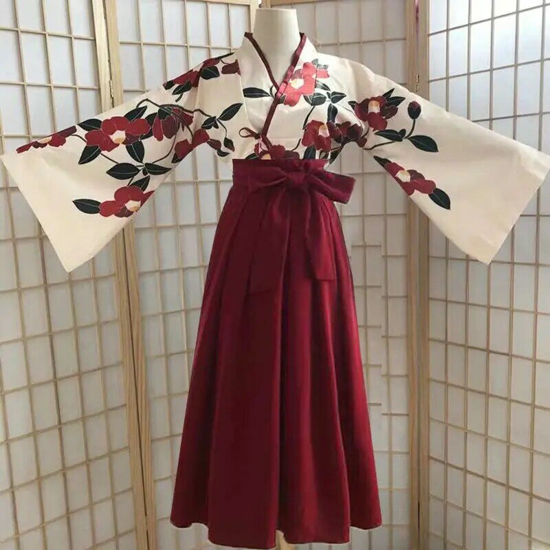 Sakura สาว Kimono Vintage เอเชียเสื้อผ้าผู้หญิง Oriental Camellia รักเครื่องแต่งกายเสื้อคลุมฮาโอริลายดอกไม้สไตล์ญ...