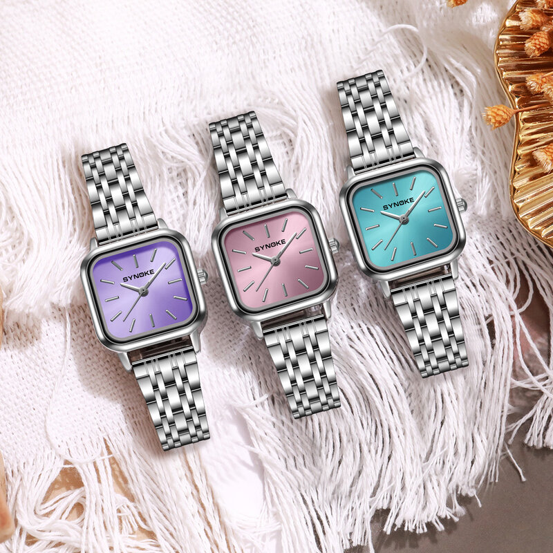 SYNOKE jam tangan wanita, arloji Dress kotak kecil panggilan tali Stainless Steel Ultra tipis Quartz Reloj Mujer