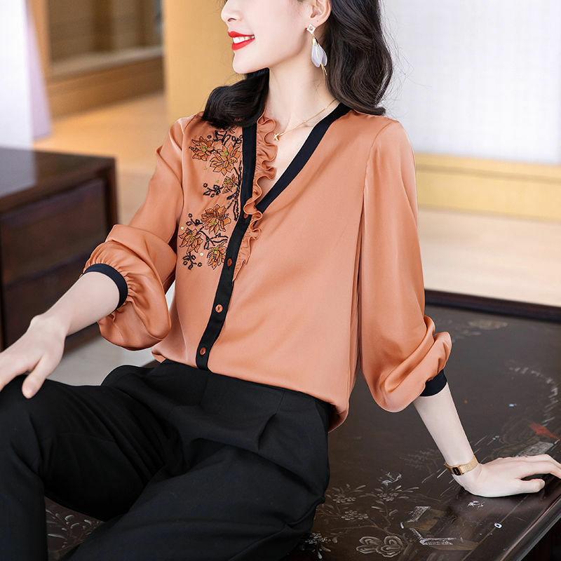 Elegante bordado emendado babados assimétrico camisa feminina roupas outono casual topos oversized solto rregular commute blusa