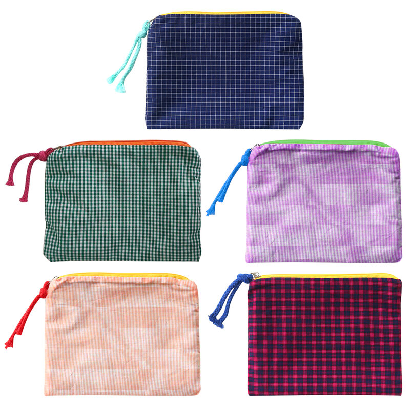 Plaid Printing Handbag Ladies Cosmetic Makeup Storage Bags Cotton Zipper Check Small Portable Handbags Purse for Travel