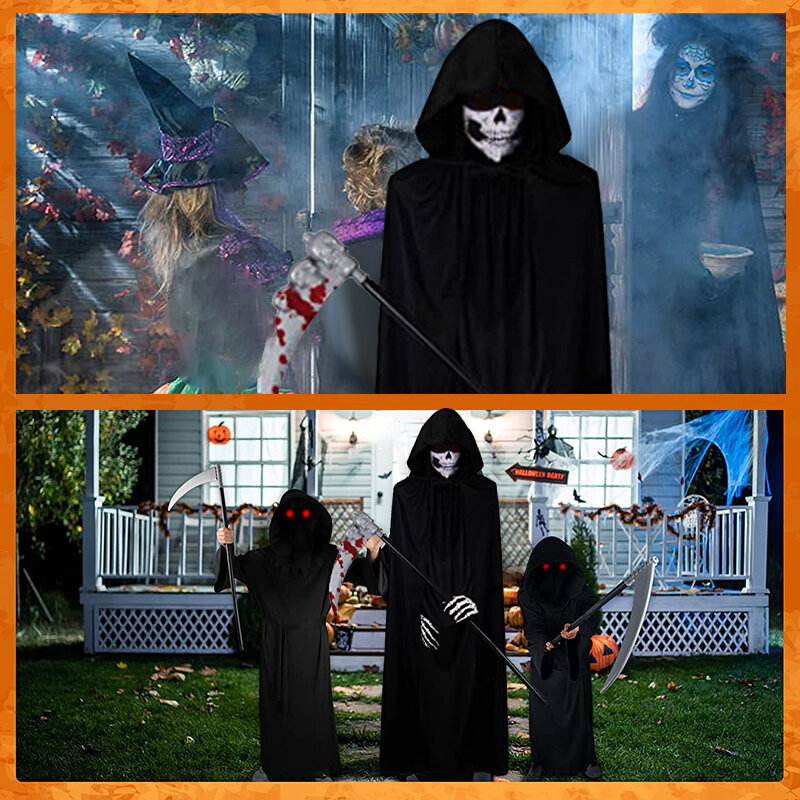 Disfraz Unisex para fiesta de Halloween, bata de brujería aterradora con capucha, capa larga Medieval negra, disfraz de muerte para Halloween