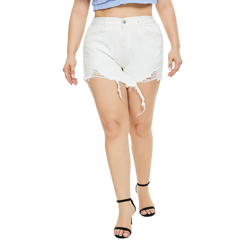 سراويل كبيرة الحجم للنساء من قماش الدنيم الممزق 2022 شورت صيفي غير رسمي ممزق بلون سادة مقاسات 2XL 3XL وصل حديثاً سروال جينز أبيض قصير متوسط الخصر