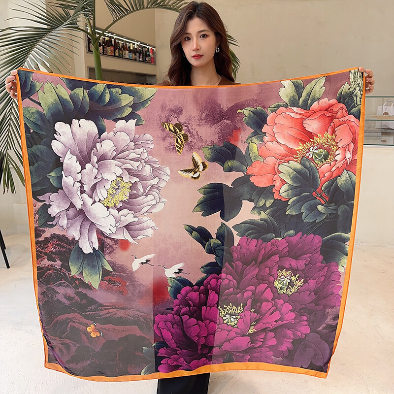 Chal grande con estampado de diseñador para mujer, pañuelo de seda con protección solar, pañuelo cuadrado de 110cm x 110cm