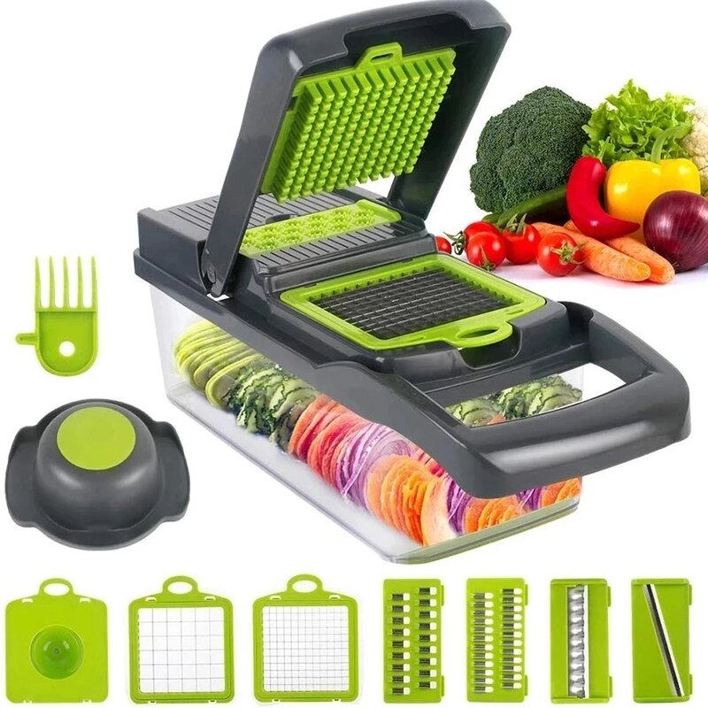 قطاعة الخضراوات متعددة الوظائف قطاعة الفاكهة مبشرة التقطيع استنزاف سلة تقطيع 8 في 1 أدوات اكسسوارات المطبخ