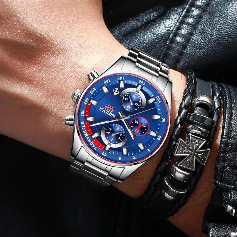 Часы наручные NIBOSI Мужские кварцевые, модные брендовые Роскошные водонепроницаемые светящиеся, с хронографом
