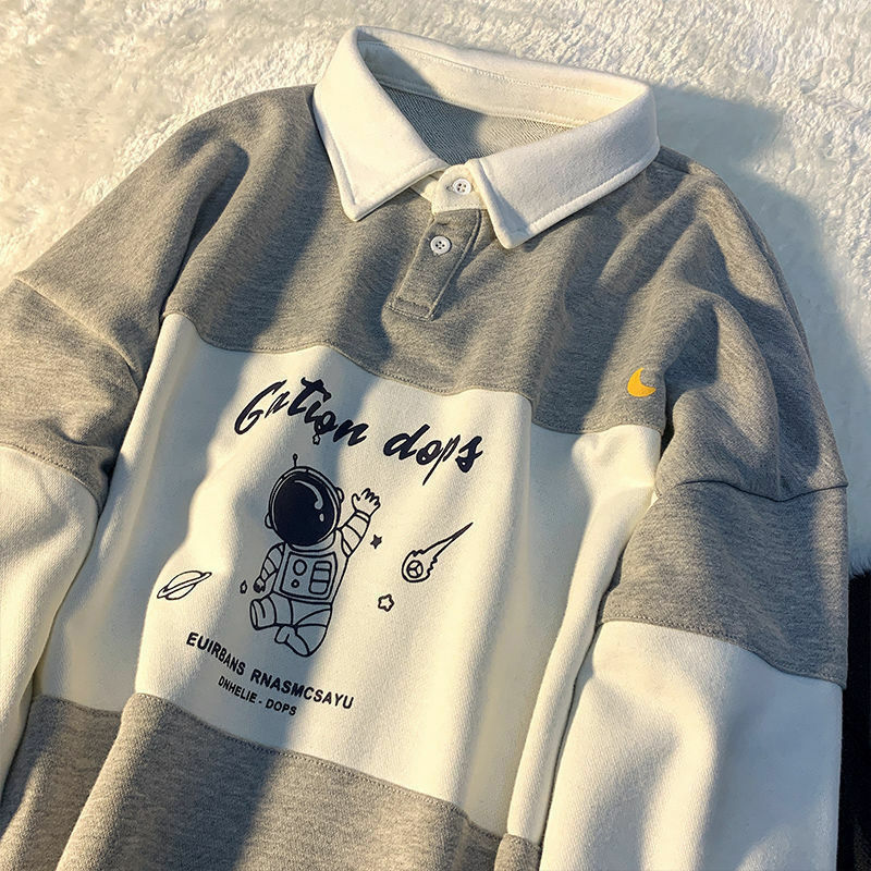 T-shirt à manches longues et col polo rétro pour femmes, imprimé, surdimensionné, mignon, coréen, style collégien