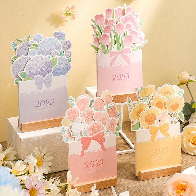 1 pc ins estilo base de madeira calendário de mesa flor calendário criativo ornamentos desktop 2023 calendário