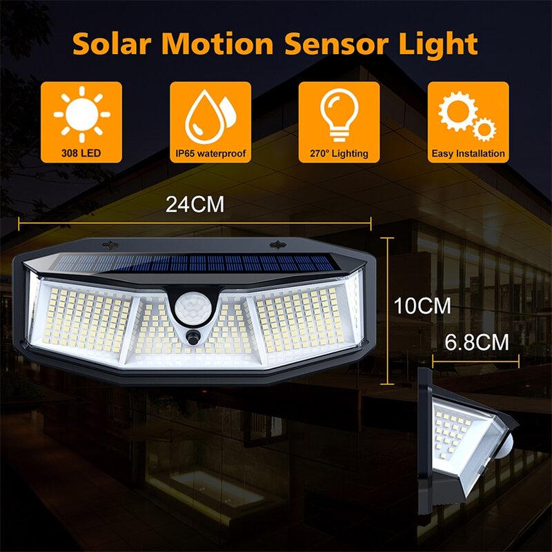 308 LED ไฟสนามพลังแสงอาทิตย์รักษาความปลอดภัยโคมไฟ Super Bright เซ็นเซอร์ตรวจจับการเคลื่อนไหวกันน้ำหล...