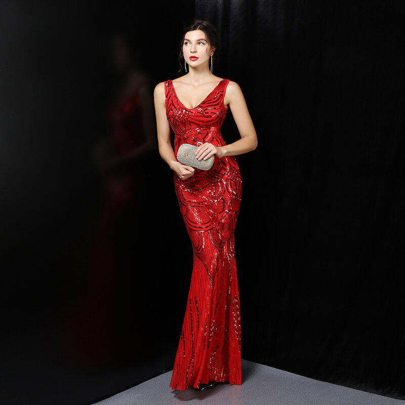 Sexy Red Bodycon Backless Mermaid Dress Women V Neck Sleeveless Cocktail Party Dress Luxury Sequin Glisten Long Evening Dresses