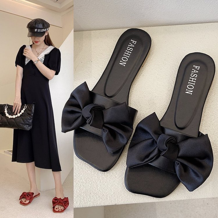 Large Size Flat Slippers Women's Outer Wear 2022 Summer New Square Heel Bow Tie One Word Slippers Women
