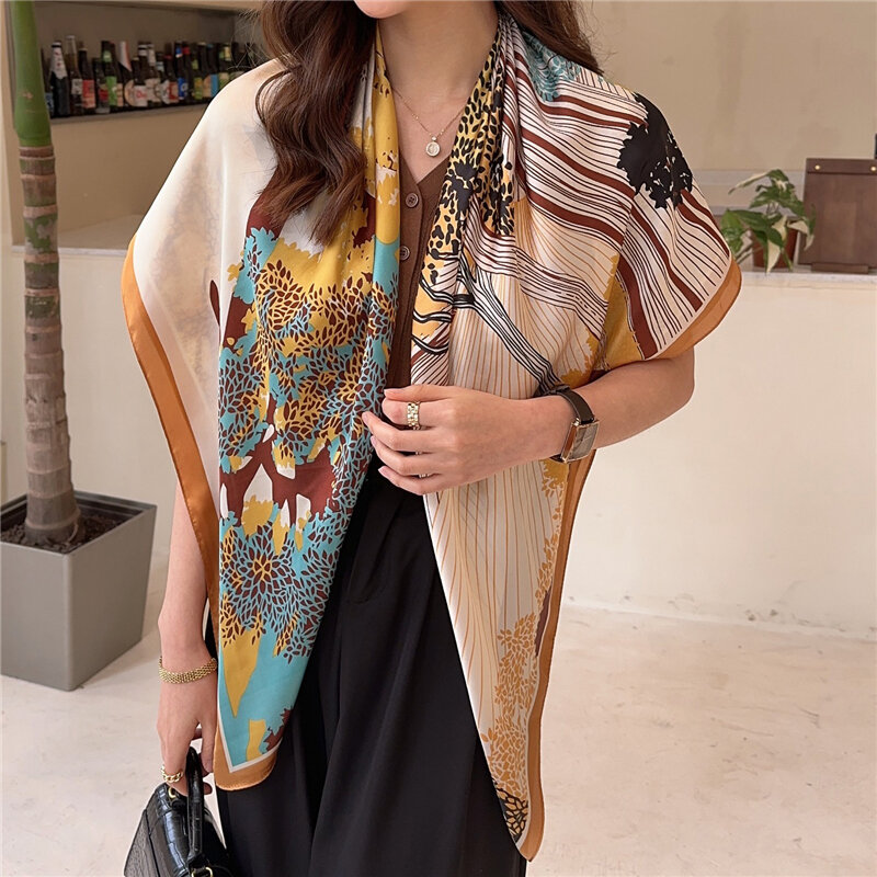 2023 Luxury Brand Square Wrap Casual Female Large Shawl Silk Scarf Smooth Sunscreen Hijabs Headscarf  Bandana Foulard Decorate