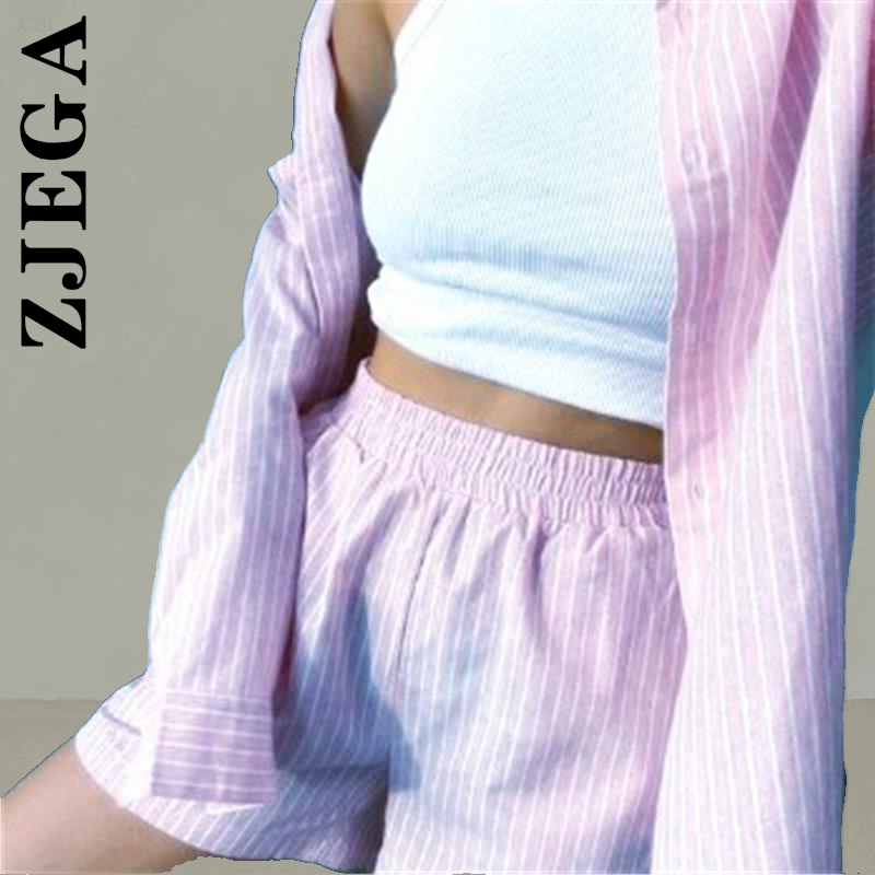 Zjega Women Fashion Pajamas Stripe Mini Shorts Two Piece Set Pajamas Women Ladies Sweet 2 Piece Set Clothes Home Suit Female