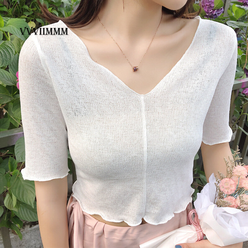 Knitted T-shirt Back Strap 2020 Summer New White Sexy Thin Top Y2k Woman Clothes Women Crop Women's Tops Tees Clothing harajuku