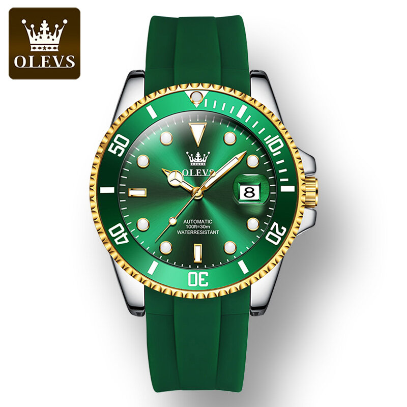 OLEVS مقاوم للماء ساعات الموضة للرجال التلقائي الميكانيكية طاقم الغواصة كامل التلقائي الفاخرة سيليكون حزام الرجال ساعة اليد