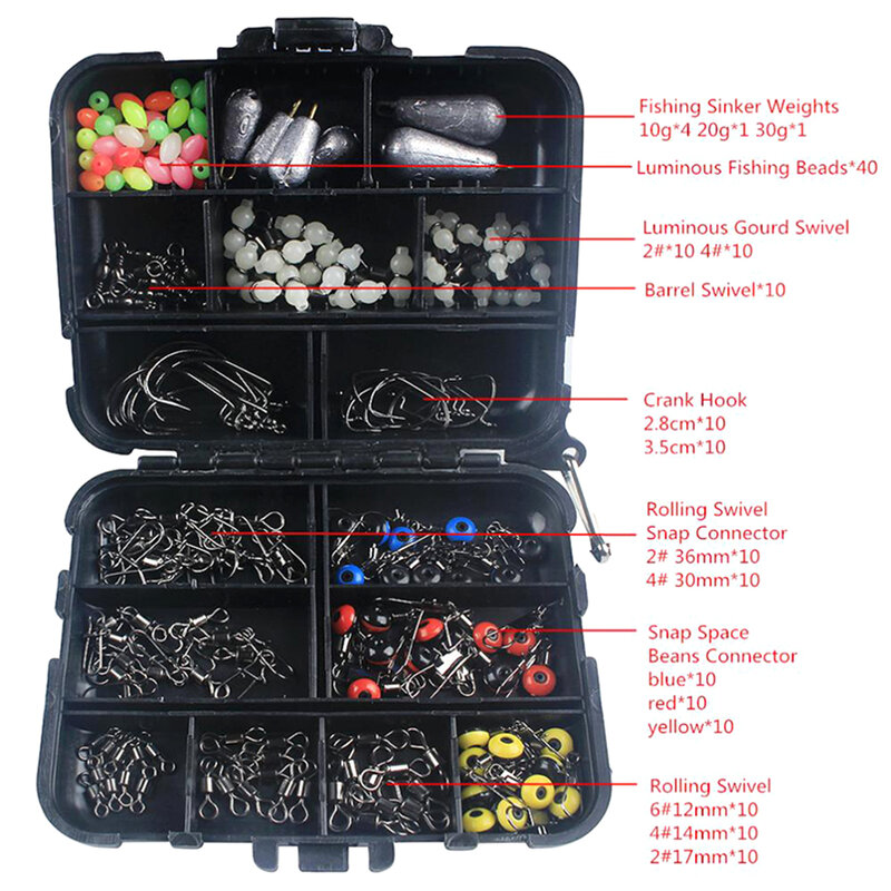 177pcs Fishing Accessories Set Kit Crank Hook Rolling Swivel Connector Luminous Beads Sinker Weights Sea Rock Fishing Tackle Box