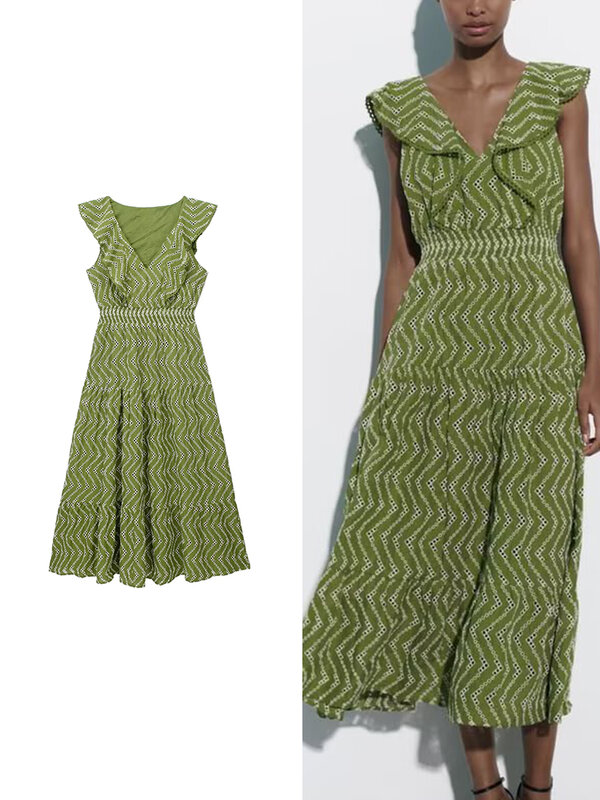 Suninbox 2023 Summer New Women's Embroidery Dress Solid V-Neck Sleeveless Layered Decorative Ruffle Edge Mid-Calf Long Dress