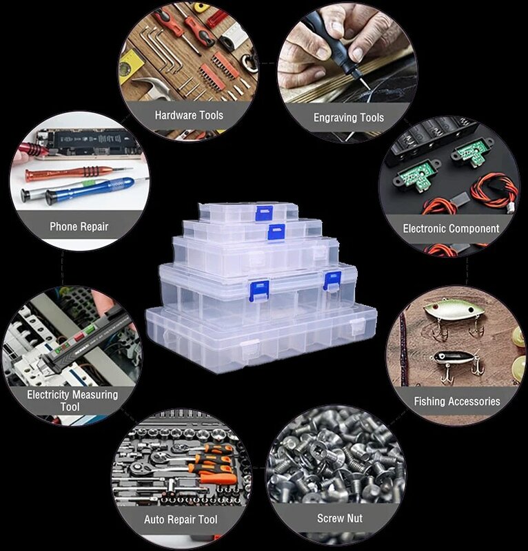 ASOYOGA – boîte à outils transparente et étanche, boîtier plastique organisateur, boîte à outils de rangement pour bijoux, pièces électroniques, matériel pour leurres de pêche
