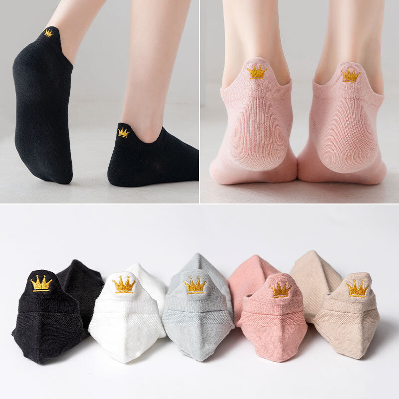 5 Pairs/pack Socks Women Cotton Socks Fashion Thin Cartoon Embroidered Crown Girl Boat Socks Simple Solid Invisible Socks Female