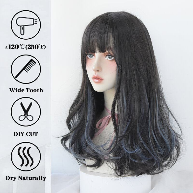 Y2K Wig Panjang Berombak untuk Wanita Cosplay Lolita Wig Hitam Alami Keren Manis dengan Poni Rambut Palsu Serat Sintetis Tahan Panas