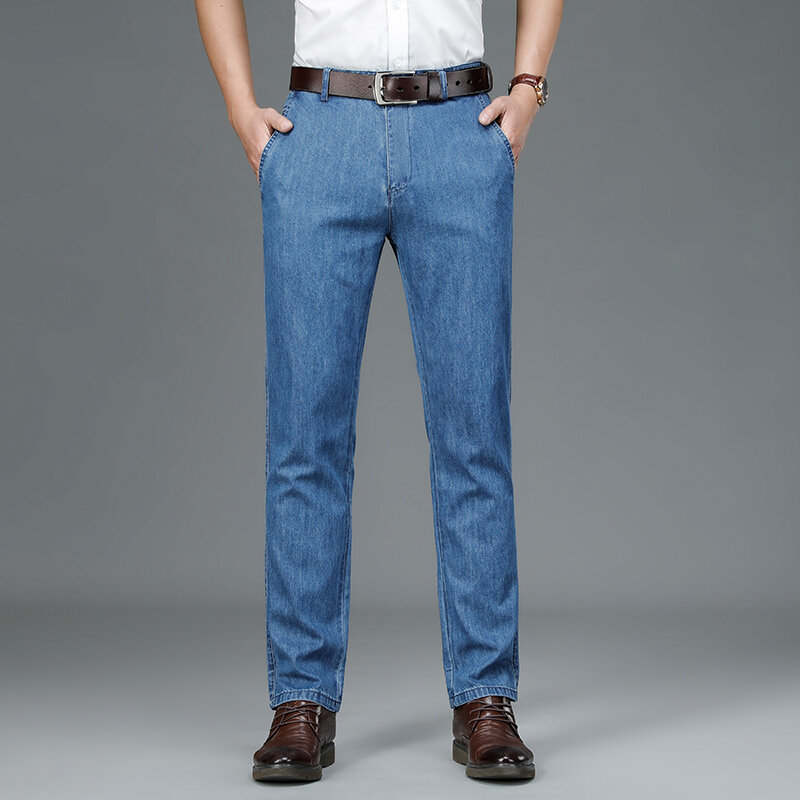 Мужские джинсы, летние свободные прямые брюки из вискозы, тонкие летние брюки для отдыха