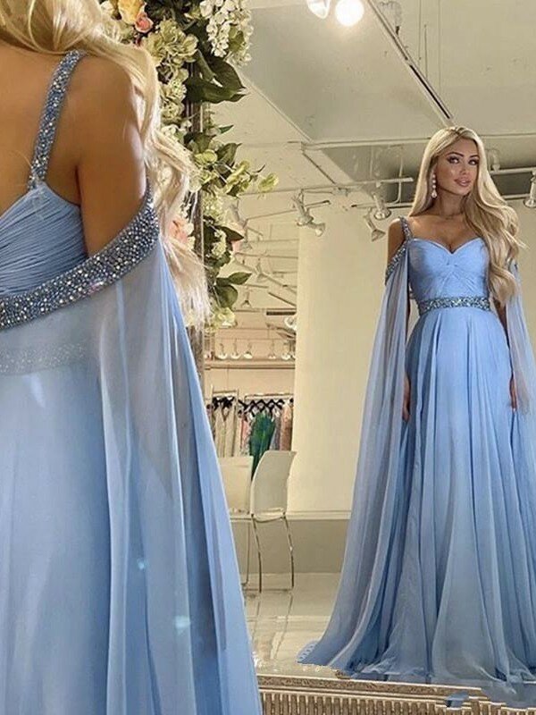 Sky Blue Long Cape Sleeves Chiffon Bohemian Prom Dresses 2023 Backless Sexy Sweetheart Neck A-Line Party Gowns Novo Em Vestidos