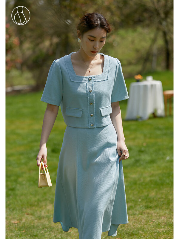 DUSHU Square Neck Slightly Fat Lady Ice Blue Summer Tweed Small Fragrance Suit Mid-Calf A-LINE Skirts Office Lady Solid Suits