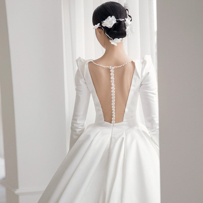 ETESANSFIN للمرأة أبيض ساتان-أكمام طويلة-رقبة V 2022 تنورة زفاف جديدة