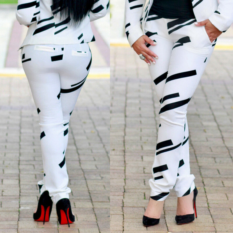 Women 's Fashion; White Striped Print Shoulder Jacket + Pants Two - piece Set