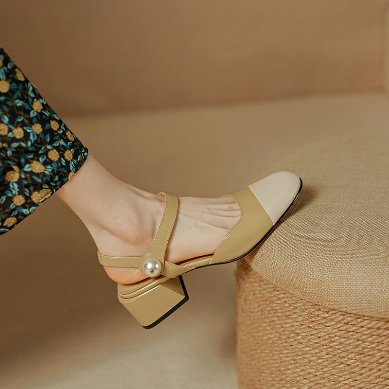 Sandalias de piel de vaca para mujer, zapatos con tacón grueso simple y punta cuadrada, 22-2022 cm, novedad de verano, 24,5