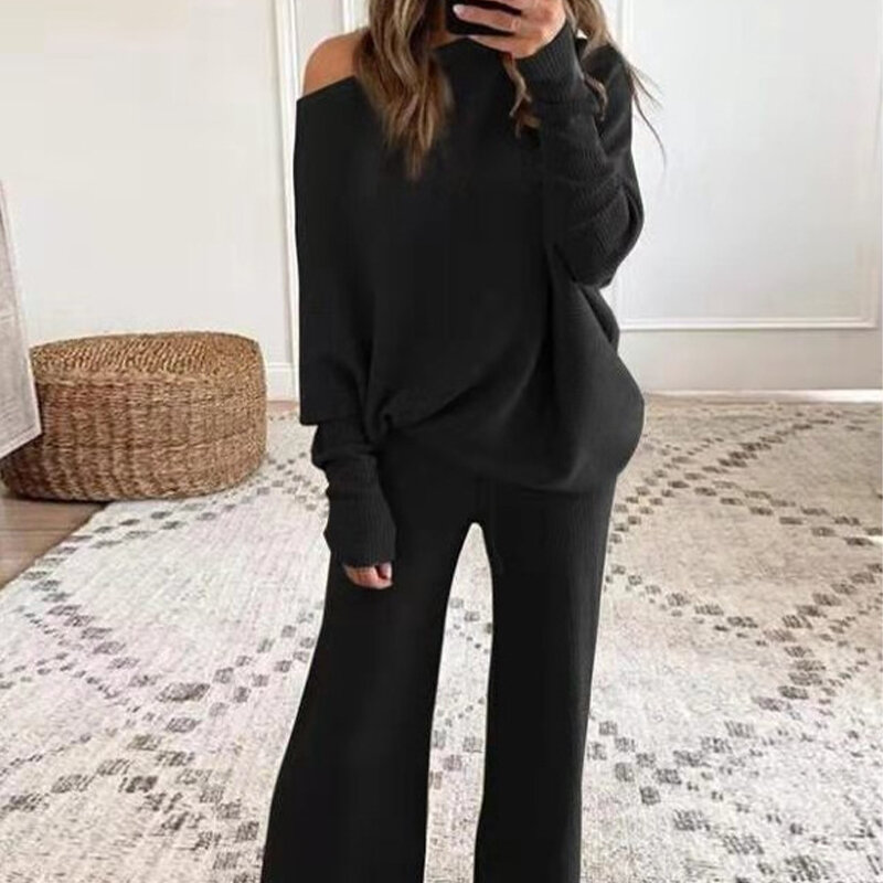 2022 Autumn Winter Commuter Casual Ladies Knitted Suit One-neck Blouse Drawstring Wide-leg Pants 2 Piece Sets Womens Outfits